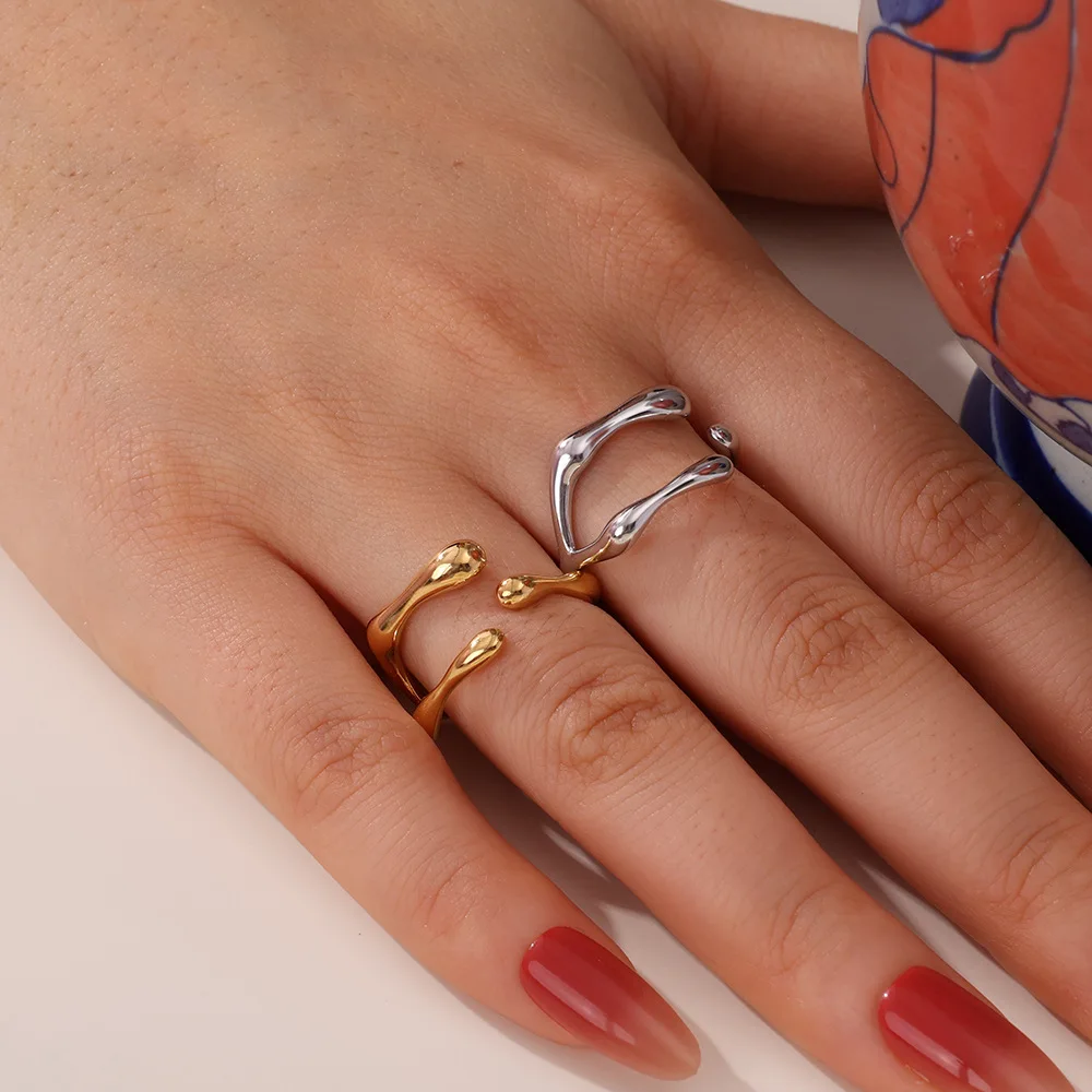 Niche Abstract Liquid Open Finger Ring Gold Silver Color Stainless Steel Adjustable Ring Elegant Stacking Jewelry For Ladie Gift