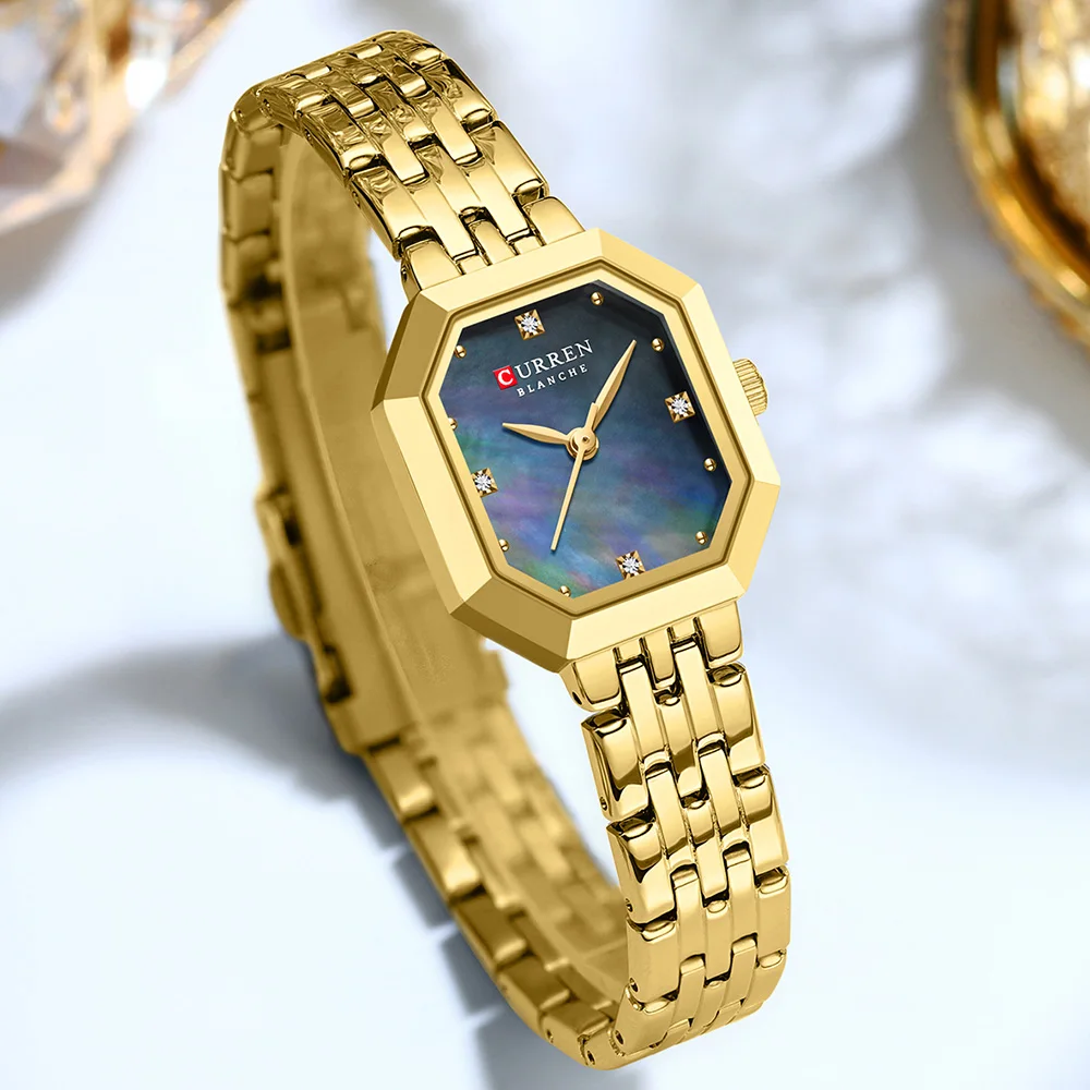 CURREN Luxury Minimalist Women's Watch with Stainless Steel Bracelet Elegant Dress Quartz Wristwatches with Shell Dial