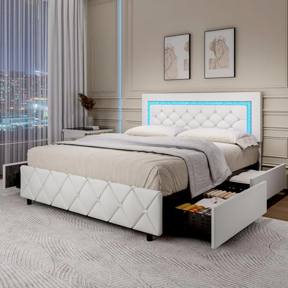 Queen Bed Frame with LED Lights, Upholstered Bed Frame with Storage Drawers, Princess Platform Bed with Diamond Headboard and Fo