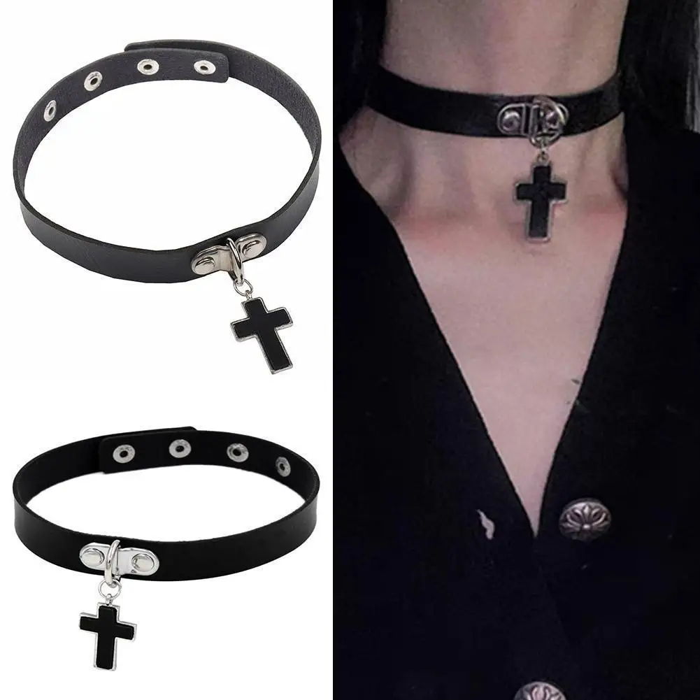 Punk Retro Geometry Sweet Cool Diablo Cross Necklace Dark Gothic Style Rivet Leather Collar Necklace For Women Turkey Haraju