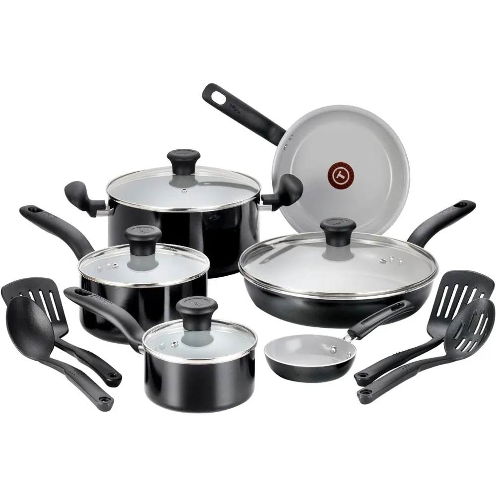 

Initiatives Ceramic Nonstick Cookware Set 14 Piece Oven Safe 350F Pots and Pans Black