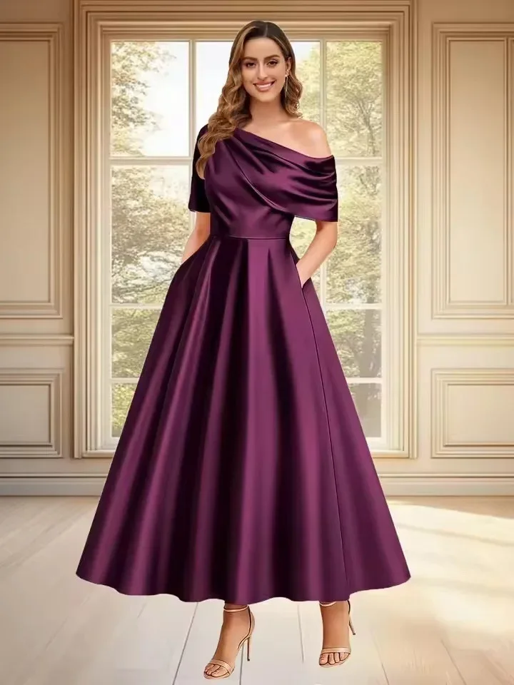2026 Sommer Neues Modisches und Elegantes Satin Off-Shoulder Einfarbiges Rückenfreies Kleid für Geburtstagsfeiern und Abendveranstaltungen – Detail 3