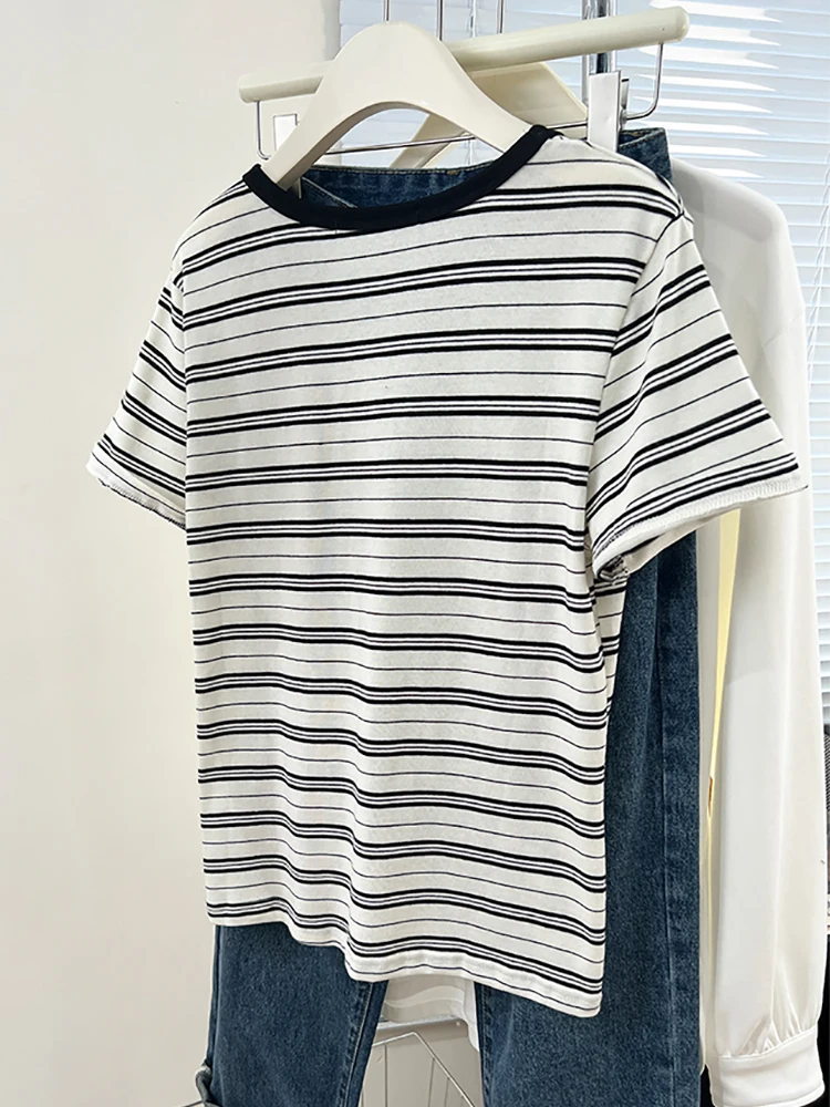 Striped Cotton T-shirt Women Short Sleeve Tops Casual V Neck Basic Style Tee Shirt Female Fashion Woman Clothes Summer Tshirts