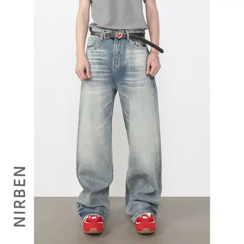Denim American New Versatile Jeans Men's Retro Light Blue Wide-leg Loose Straight Floor-mopping Trousers