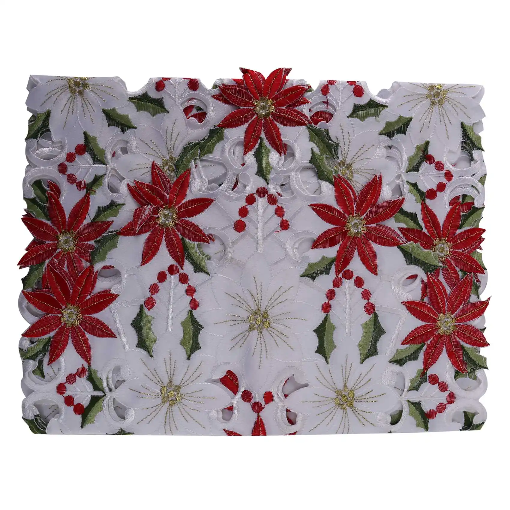 Christmas Embroidered Table Runner Luxury Holly Poinsettia Table Runner for Christmas Decorations 15 x 70 Inch