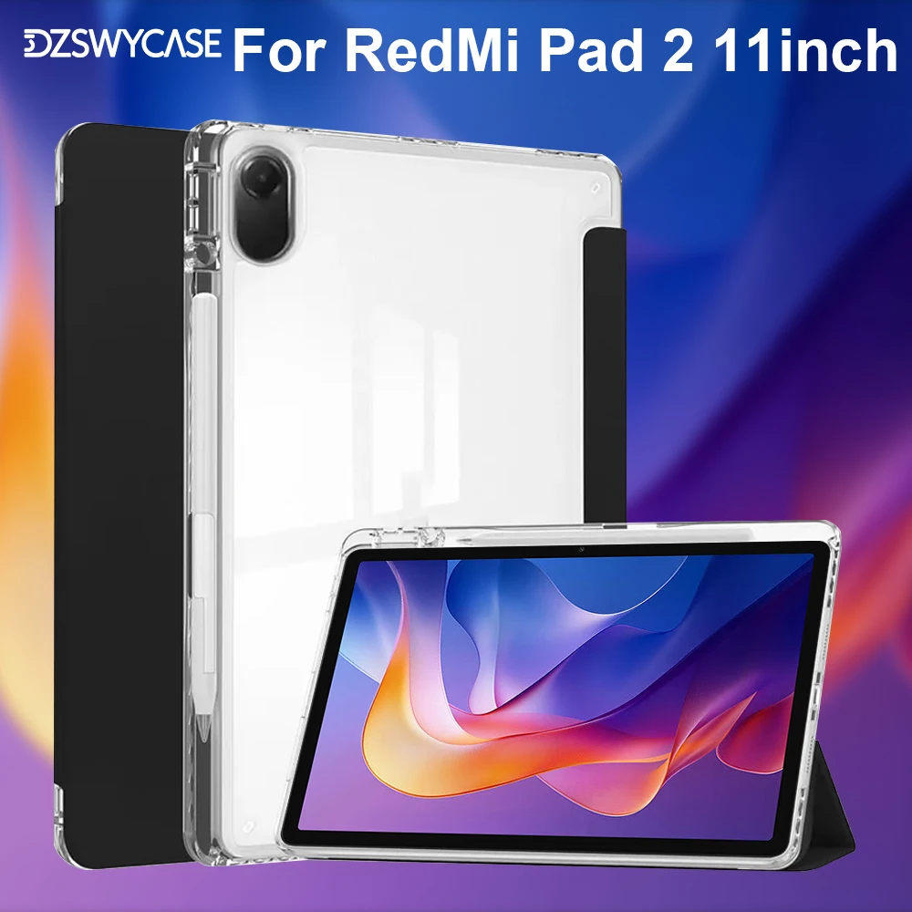 Clear Case for XiaoMi Redmi Pad 2 (11 inch) 2025, Trifold Stand with Pencil Holder PU Leather Auto Sleep/Wake Function