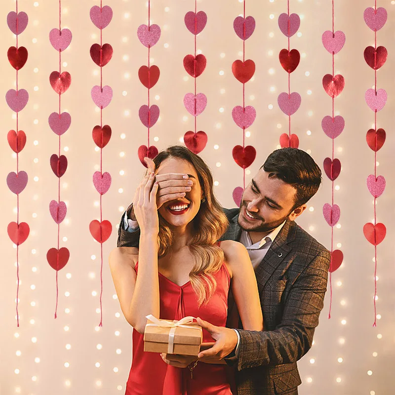 1.5m Red Heart-shaped Paper Garlands Valentine's Day Engagement Wedding Curtain Wall Hanging Banner Home Decoration