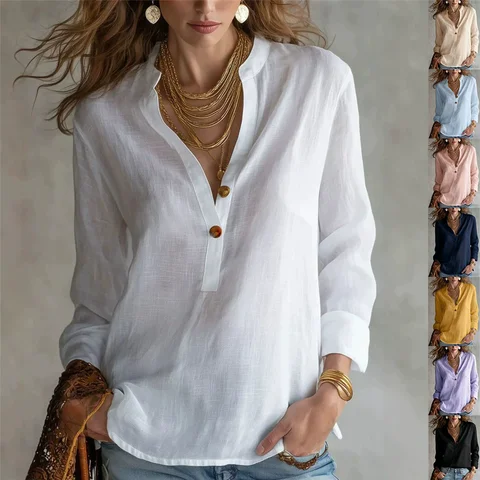 2026 Autumn Blouses Womens Summer Linen Stand Collar Half Button Blouse Solid Long Sleeve Casual Loose Shirts