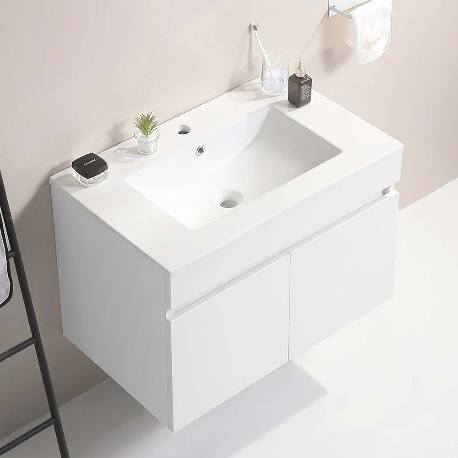 

30 Inch Wall Mounted Bathroom Vanity with White Ceramic Basin,Two Soft Close Cabinet Doors, Solid Wood,Excluding faucets,White