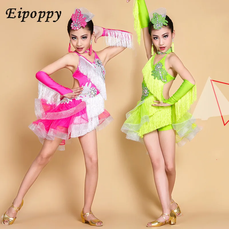 กระโปรงมีพู่ประดับเพชรสำหรับเด็ก, ใหม่ชุดเต้นรำละตินสำหรับเด็กผู้หญิงชุดเต้นรำละติน