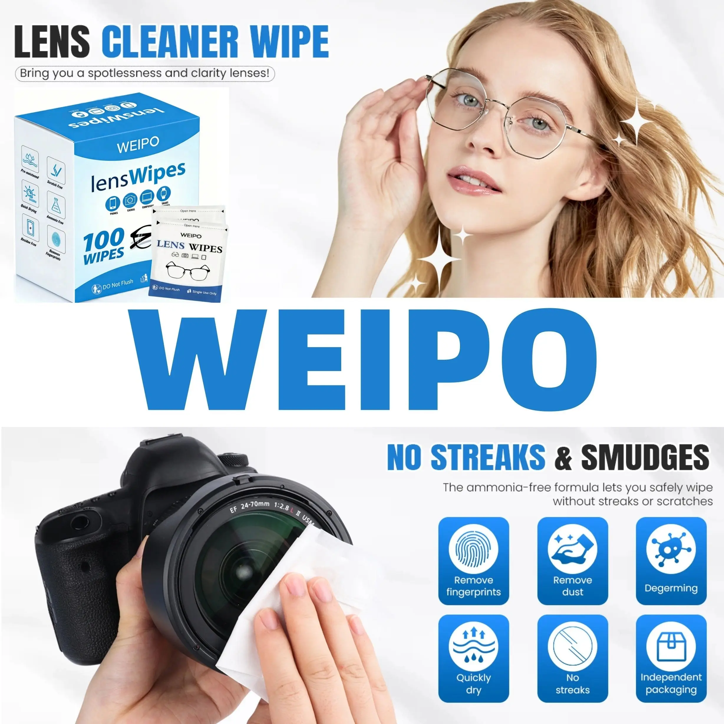100pcs Glasses Cleaning Lens Wipes Sunglasses Mobile Phone Screen Wipes Pre-Moistened Individually Wrapped