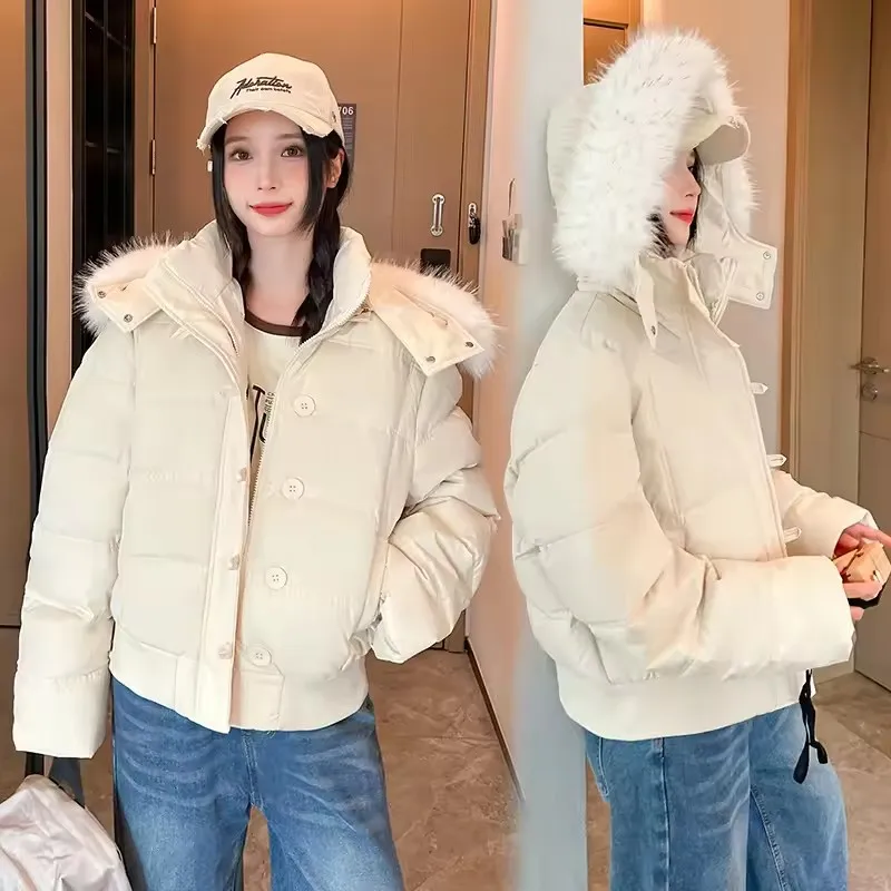 Women's Winter Thick Puffer Cotton Coat Warm Outwear with Faux Fur Removable Hood Short Quilted Jacket Puffy Bubble Coat