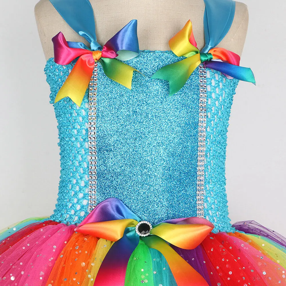 Sparkly Rainbow Fairy Costumes for Girls Glittery Colorful Candy Dress for Kids Halloween Christmas Tutus Birthday Wings Outfits