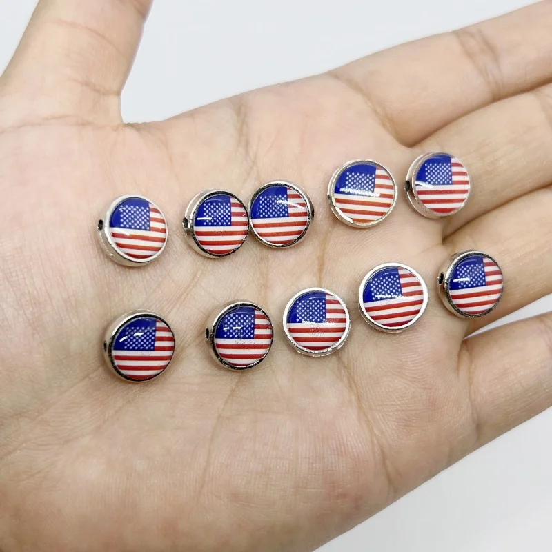 20PCS Silver American Flag Beads Independence Day National Day Celebration Accessories for DIY USA Bracelet Jewelry Making