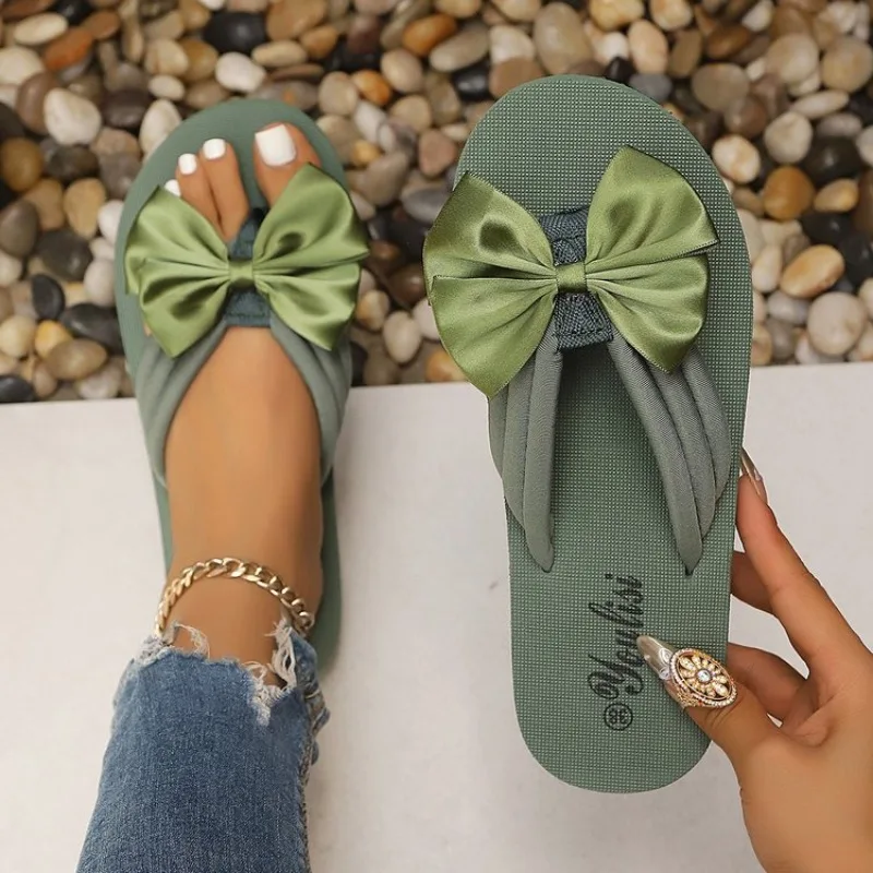 Women's Slip on Thong Sandals Backless Open Toe Low Platform Footwear Prominent Bow Accent Casual Outdoor Summer Beach Slippers