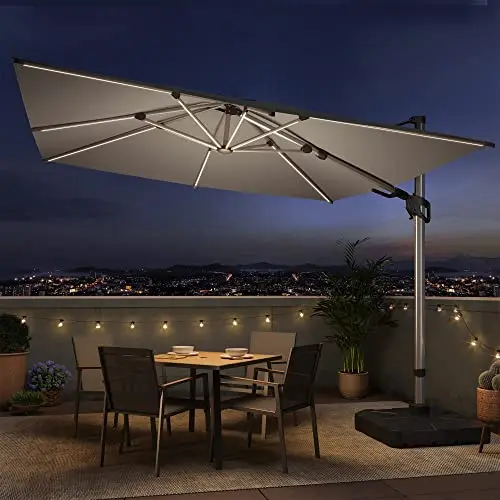 10FT Square Cantilever Patio Umbrella with Solar Lights, Windproof Heavy Duty Offset Outdoor Umbrella for Backyard