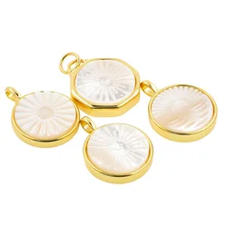 Fashion White Round Sun Peal Shell Pendant Gold Plated Lucky Hip Hop Medal Charms For DIY Necklace Making Jewelry Findings Gift