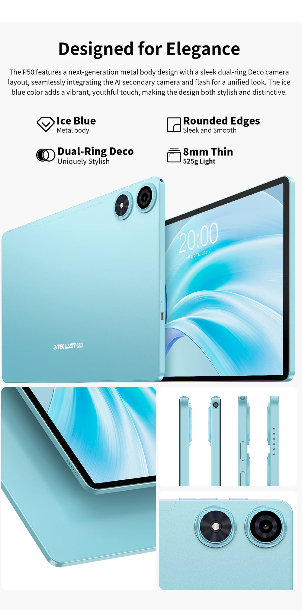 2026 Teclast P50 Tablet Android 16 8-Core T606 4Gb Ram 128Gb Rom 1280X800 Pixels Ips Bluetooth 5Mah Type-C 8Mp+5Mp Wifi TLA002
