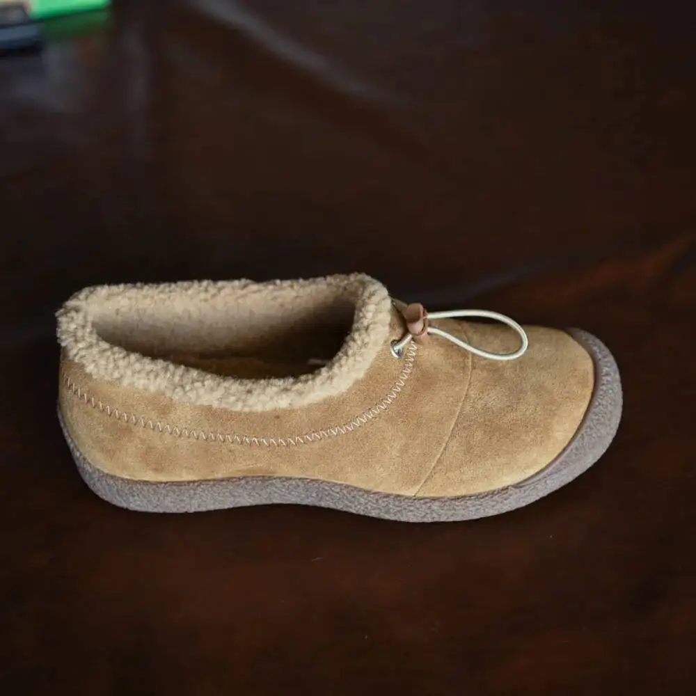 Thick Bottom Genuine Leather Plush Slippers Women's Winter Warm Fleece Slip-On Clog Style round Toe Casual Rubber Sole Footwear