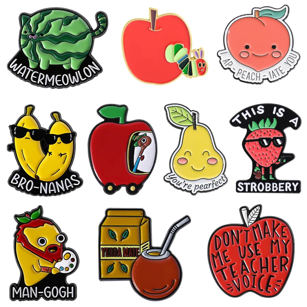 Cute Fruits Animals Lapel Pins Cartoon Tomato Strawberry Coconut Pear Apple Carrot Banana Watermelon Badges Backpack Accessories