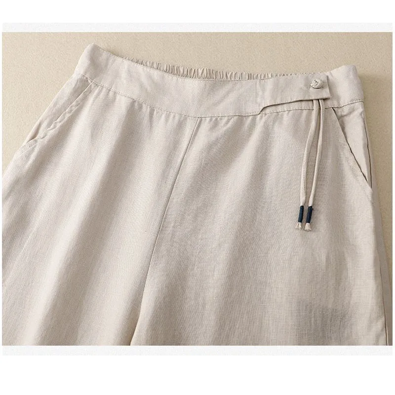 夏のパンツ女性のための綿麻大きいサイズワイドレッグパンツファムアートスタイル弾性ウエスト固体カジュアルルーズパンタロン