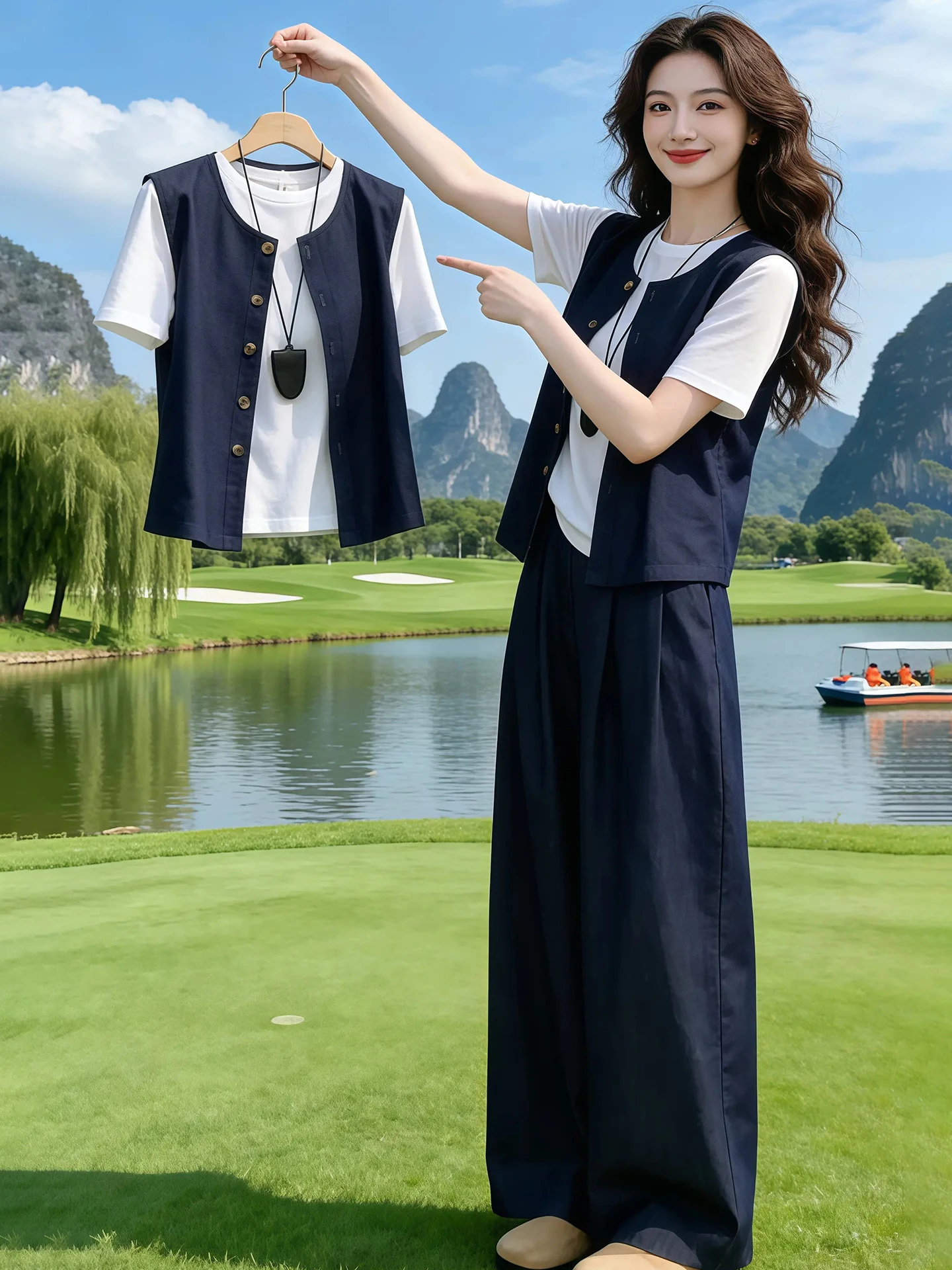 plus Size Summer Fashion Slimming Vest Wide Leg Pants Three Piece Set High Waist Casual Wear Short Sleeve round Neck Button up