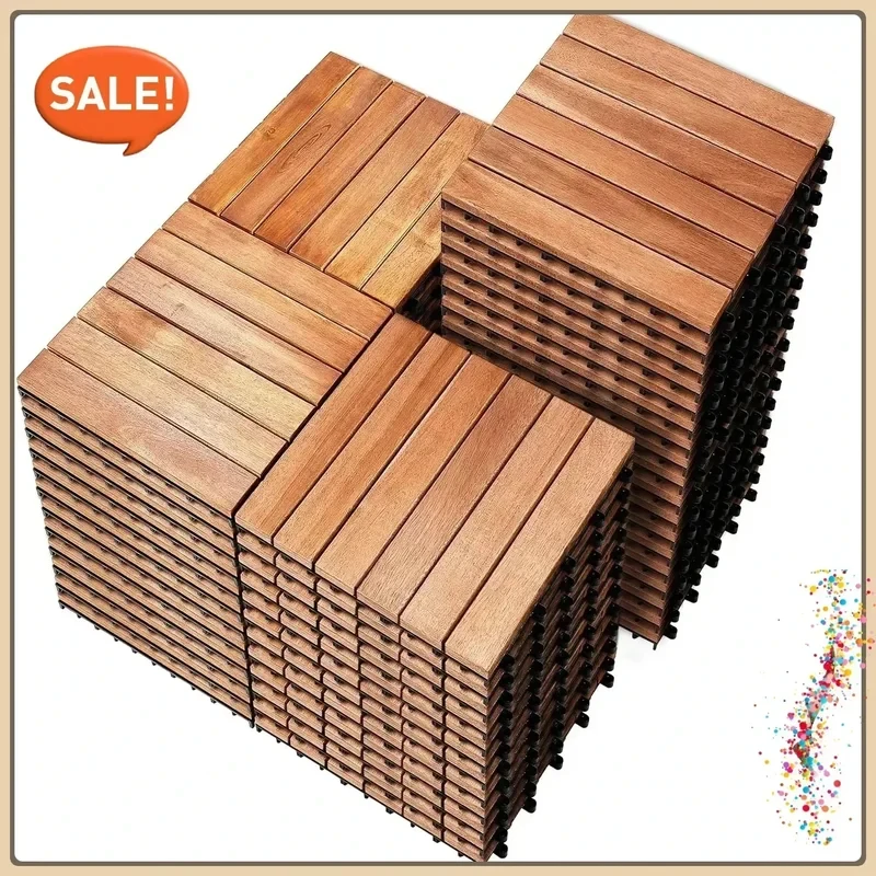 Massive Akazienholz-Terrassenplatten – Wasserfest & Witterungsbeständig, Klick-System ohne Klebstoff, Terrassen-/Balkon-/Innenhof-Bodenbelag