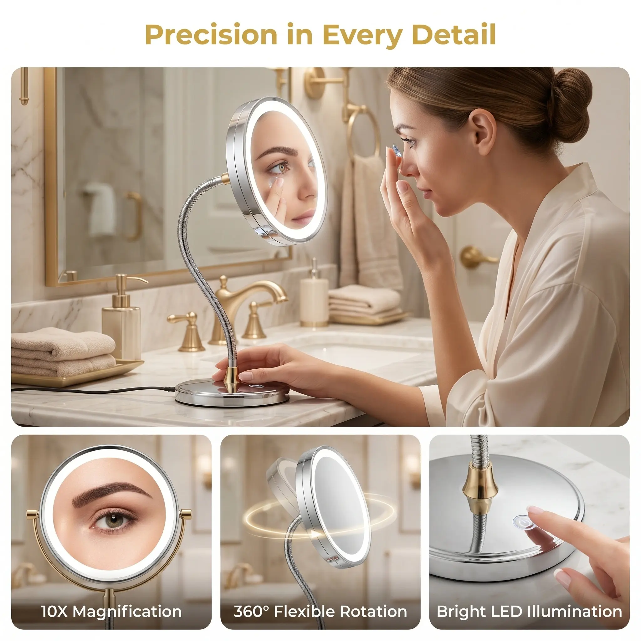 10X Magnifying LED Light Makeup Mirror 360 Rotation Suction Cup Mounted Vanity Mirror for Eye Makeup Precision