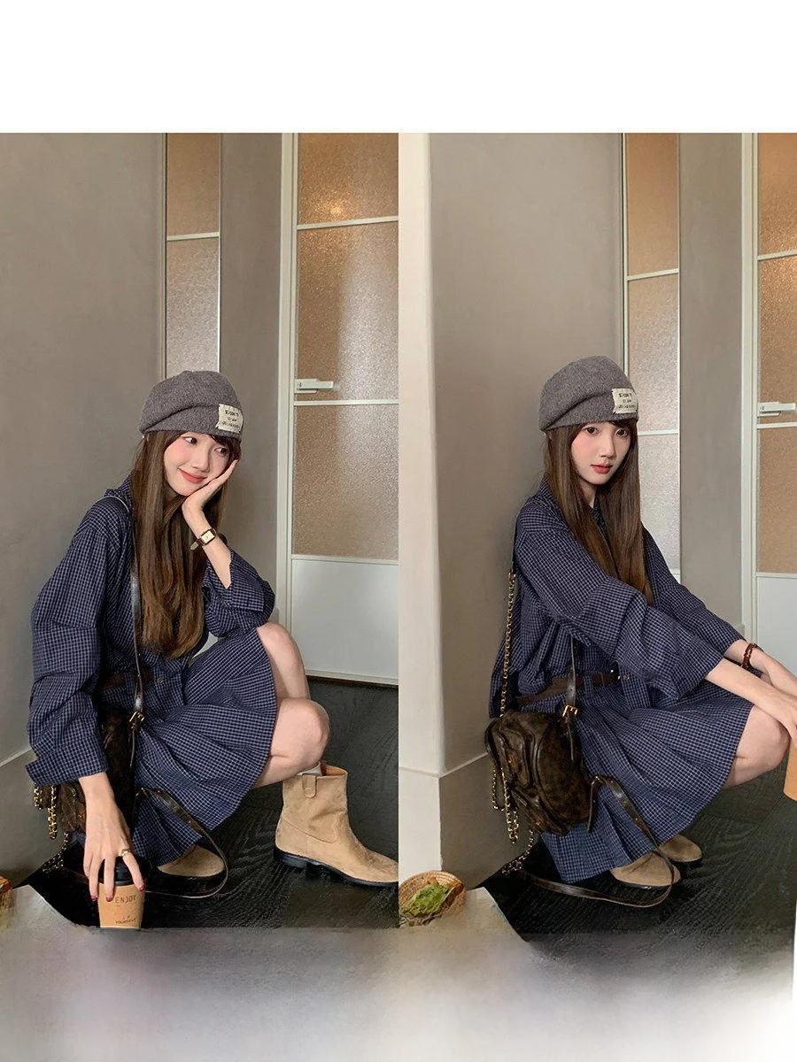 

Linyunyun Ретро k Синяя клетчатая длинная све irt Женская плиссированная юбка с высокой талией Комплект модной осенней рабочей одежды