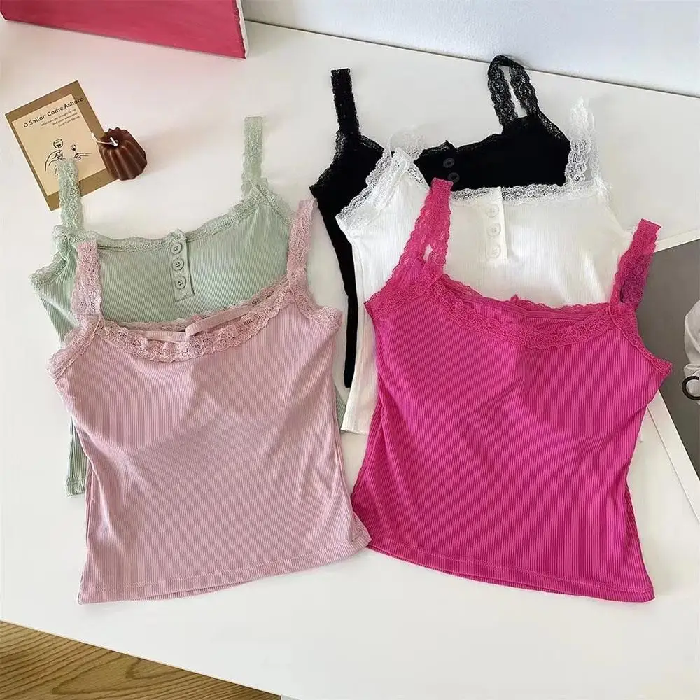 Canotta sexy in pizzo Canottiera sottile T-shirt senza maniche Canotta da donna Canotta in maglia Crop Top Donna Gilet in pizzo di nicchia con imbottitura sul petto