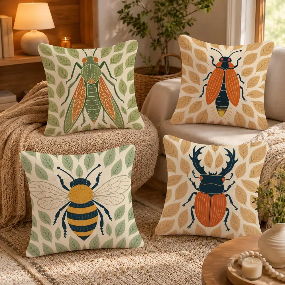 Popular Cartoon Insect Design Cushion Cover Soft Short Plush Pillow Case Double Sided Print Washable Sofa Bed Home Decor Gift