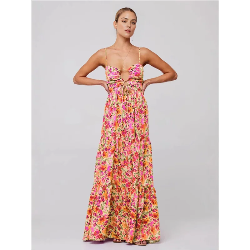 ABP-Abito estivo floreale per donna Senza spalline Scavato con cravatta sul davanti Abito lungo Flowy Smocked Bohemia-Abito