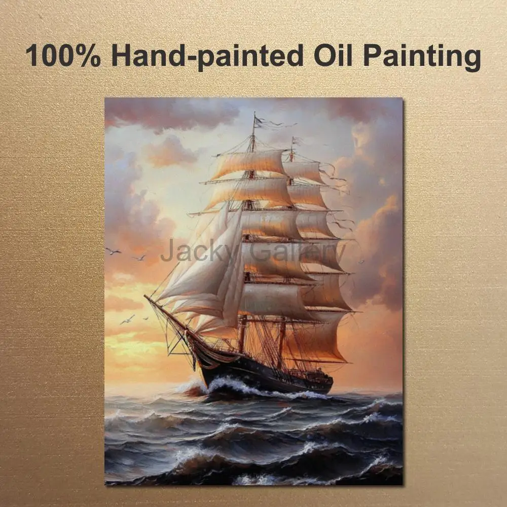 Textured Seascape Canvas Art Hand Painted Oil Painting Sail Ship Romantic Ocean Artwork for Hotel Room Office Decor High Quality