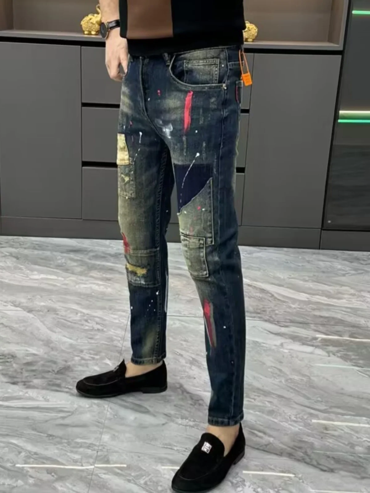 

Retro American Patchwork Dyeing Denim Jeans Men's Trendy Brand Slim Fit Elastic Korean Version Long Pants Casual Cotton Stret...