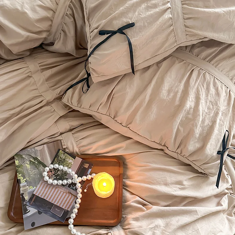 French Vintage Princess Style Comforter Bedding Sets - Luxury Duvet Cover with Bow Bed Linen for Christmas Gift Home Decor