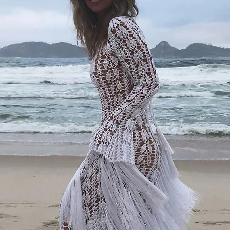 Fashion Fringe Patchwork Slim Long Robe Dress Beach Holiday Hollow Knitted Women's Dress 2025 Casual Summer Long Sleeved Dresses