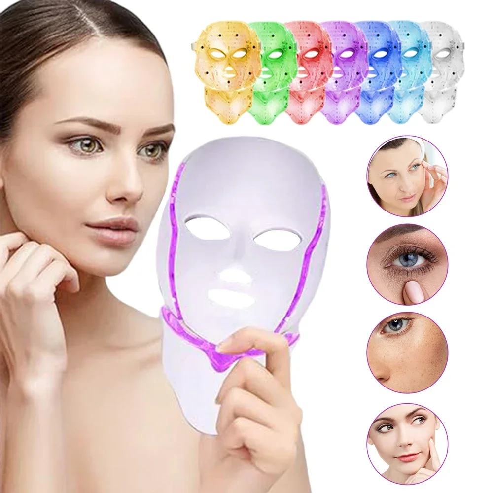 

Rechargeable Facial LED Mask 7 Color Photon Light Therapy Beauty Machine Skin Rejuvenation Home Face Lifting Whitening With Neck