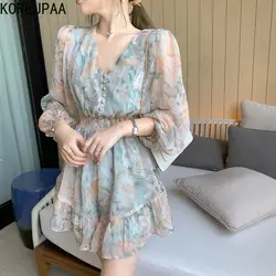 Korejpaa 2024 Frühling Stram pler Damen Overall Retro V-Ausschnitt Blume bedruckte Overalls lässig schlanke hohe Taille Chiffon Spiel anzug