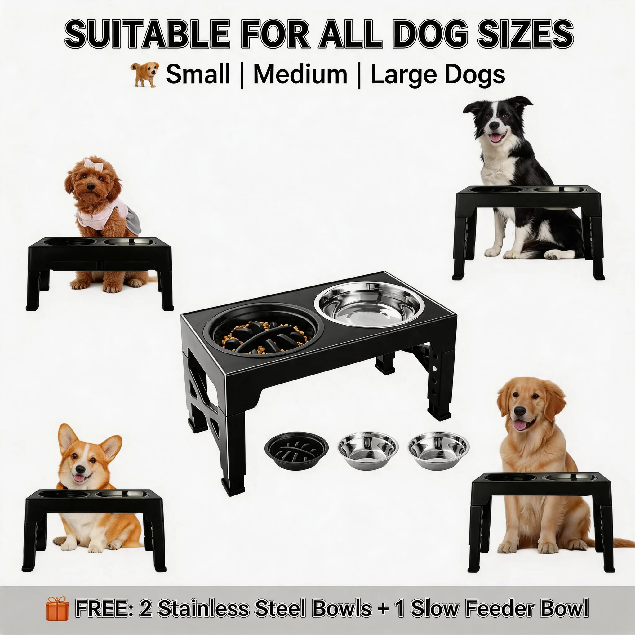 

All Size Dogs Adjustable Elevated Dog Feeder Raised Stand 2 Stainless Bowls 1 Slow Feed Bowl for Pet Feeding Indoor Outdoor Use