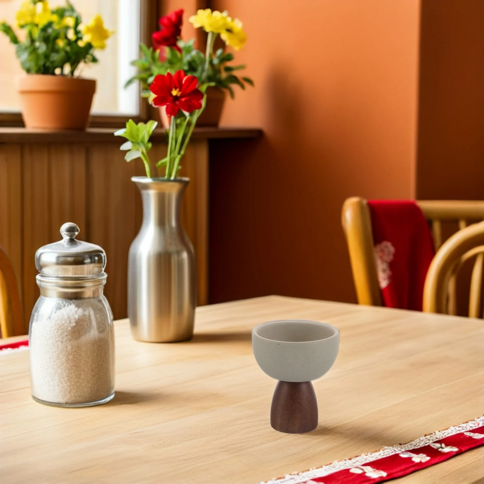 

Ceramic Pudding Cup with Wood Base - High Footed Pedestal Dessert Bowl for Ice Cream Mousse and Jelly - Reusable Serving Dish