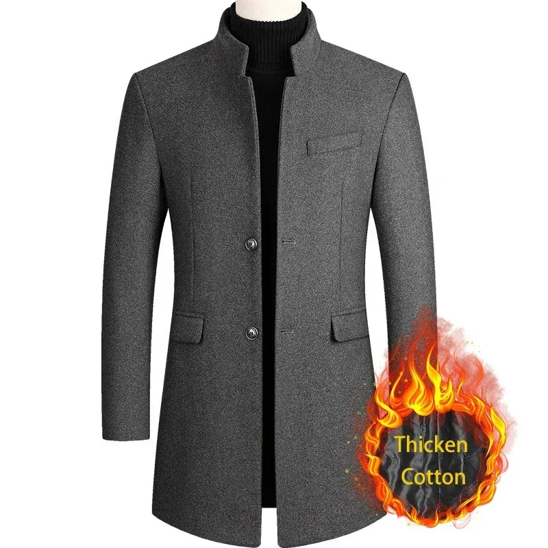 Man Trench Coat Solid Color Stand Collar Thickened Warm Wool Jacket Long Business Jackets Streetwears Autumn Winter Blazer