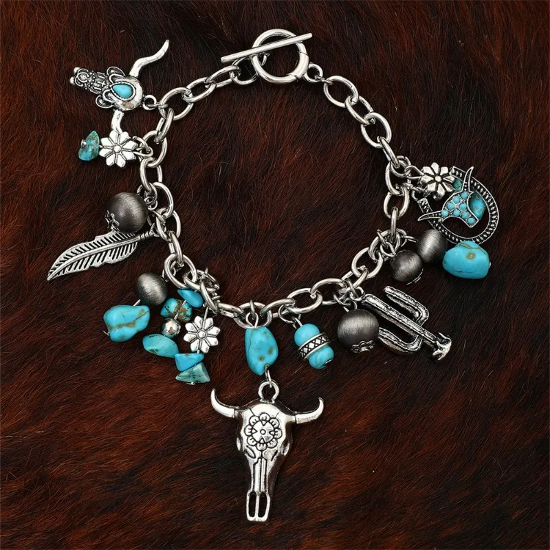 

Vintage Western Cowboy Wind Flower Multi-element Bracelet Simple Turquoise String 2025 New Fashion Jewelry for Men and Women
