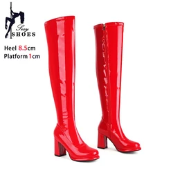 Red Long Boots Women Short Plush Winter Chunk Heels 8.5CM Over The Knee Boots Ladies Side Zip Fetish Platform Shoes Size 34-46