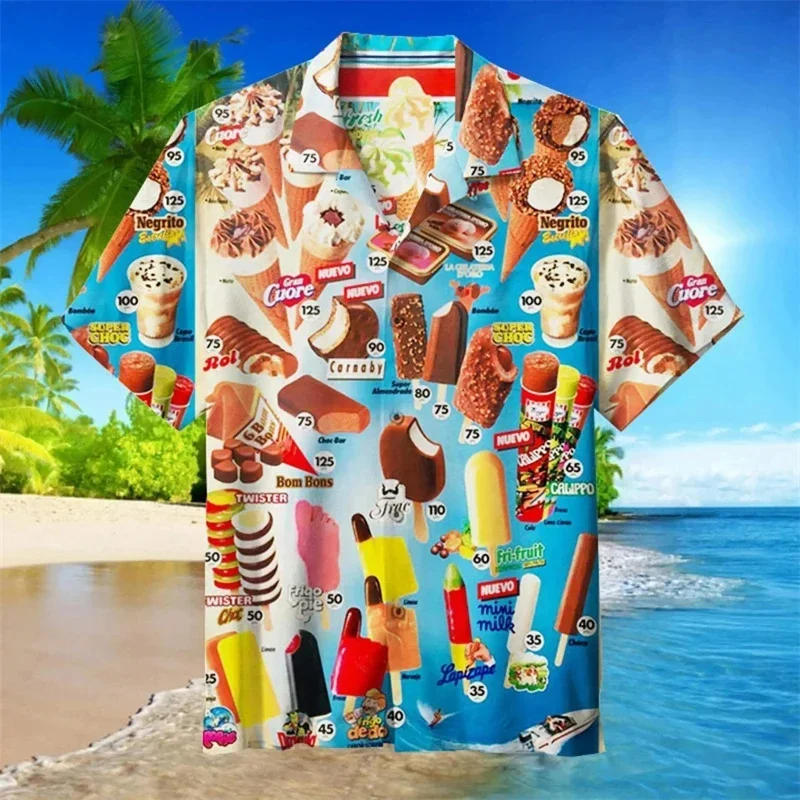 Camisa havaiana masculina e feminina de sorvete Harajuku, camiseta de picolé estampada em 3D, manga curta, blusa de lapela para férias de praia verão