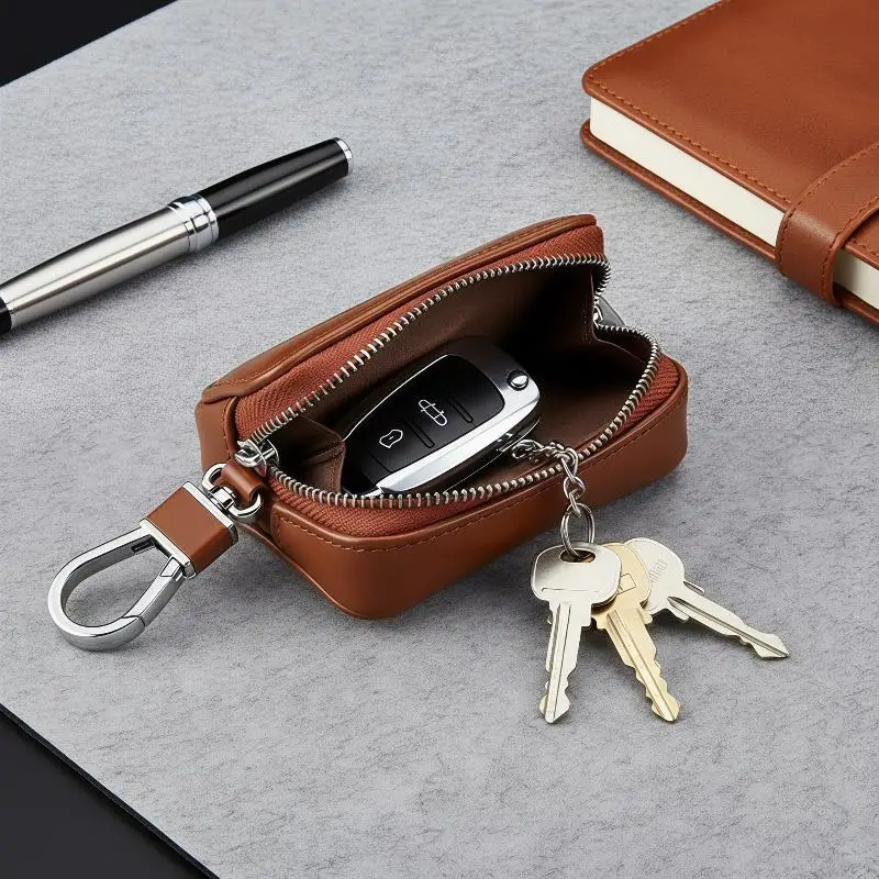 Portable Leather Keychain Pouch Zipper Closure Wear-resistant Lightweight Key Wallet Case for Hiking Travel Daily Use
