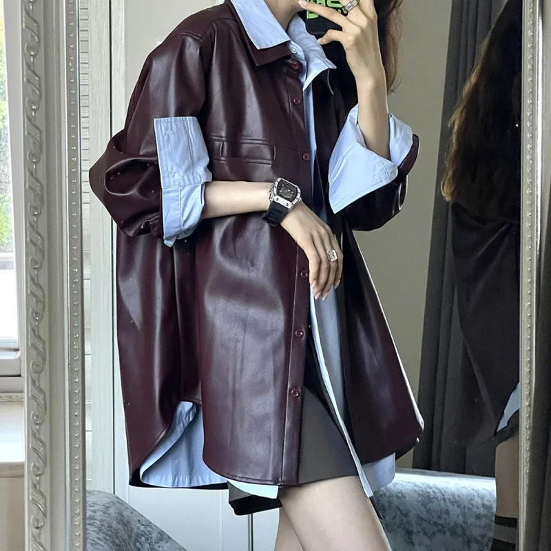 

Autumn 2025 Grape Purple PU Leather Jacket Women's Retro Jacket Loose Shirt Fashion winter coat women