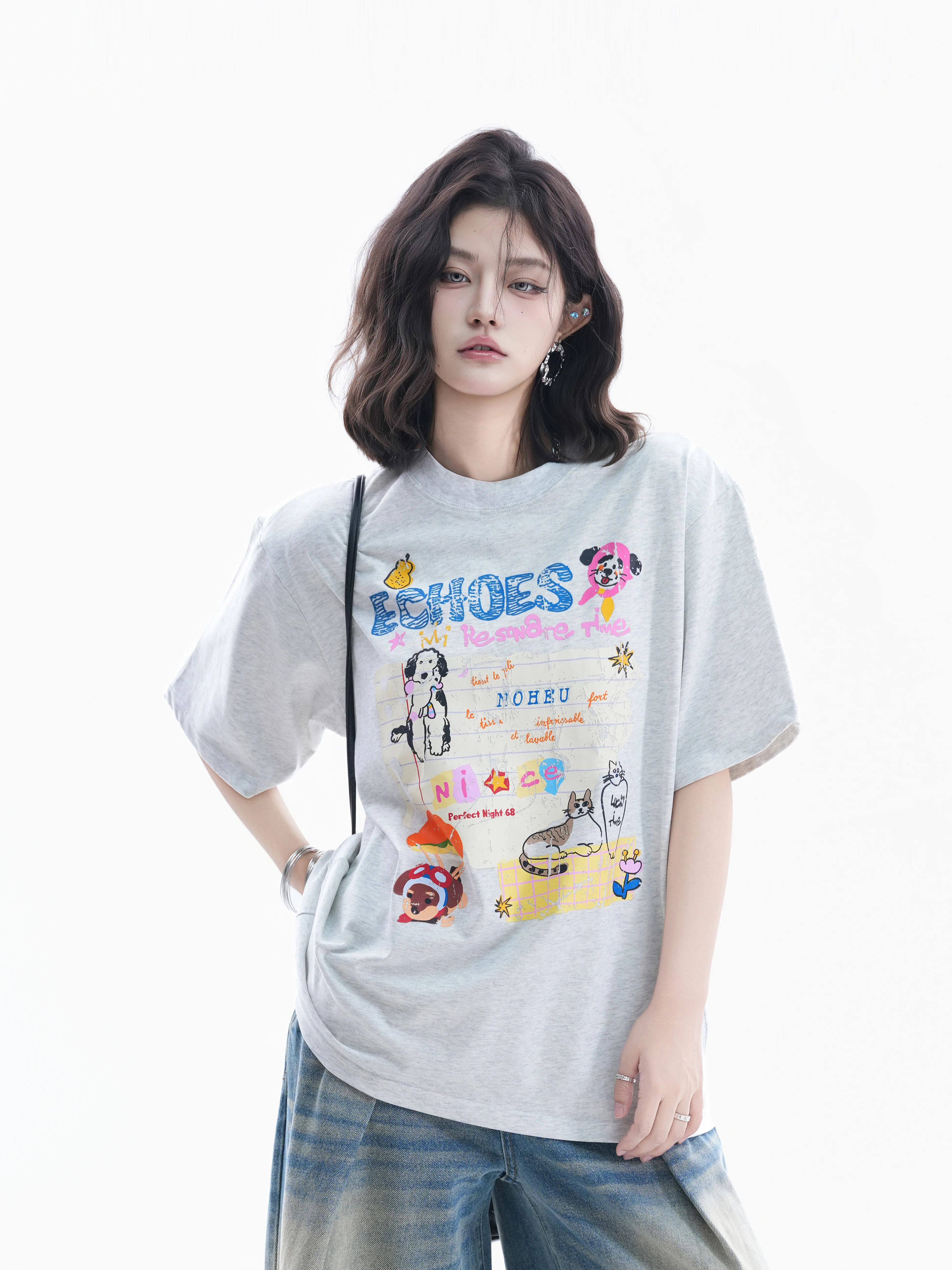 Small Ball American Graffiti Embroidery Short Sleeve T-Shirt Women's Loose Couple Casual Top Cotton round Neck Sweatshirt