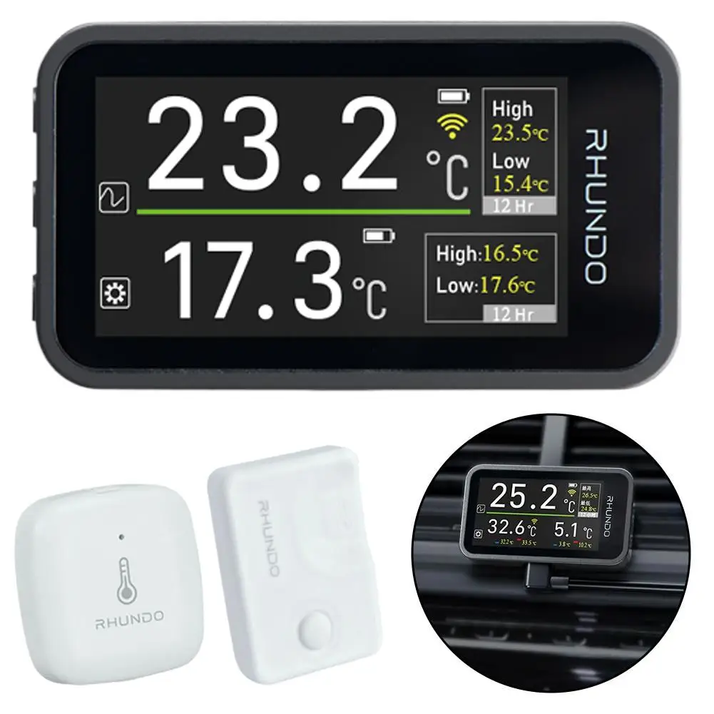 Wireless Car Digital Thermometer Outdoor Indoor Temperature Alarm Clock IPS TFT Color Display Screen 3 Readings RHUNDO RW-T11