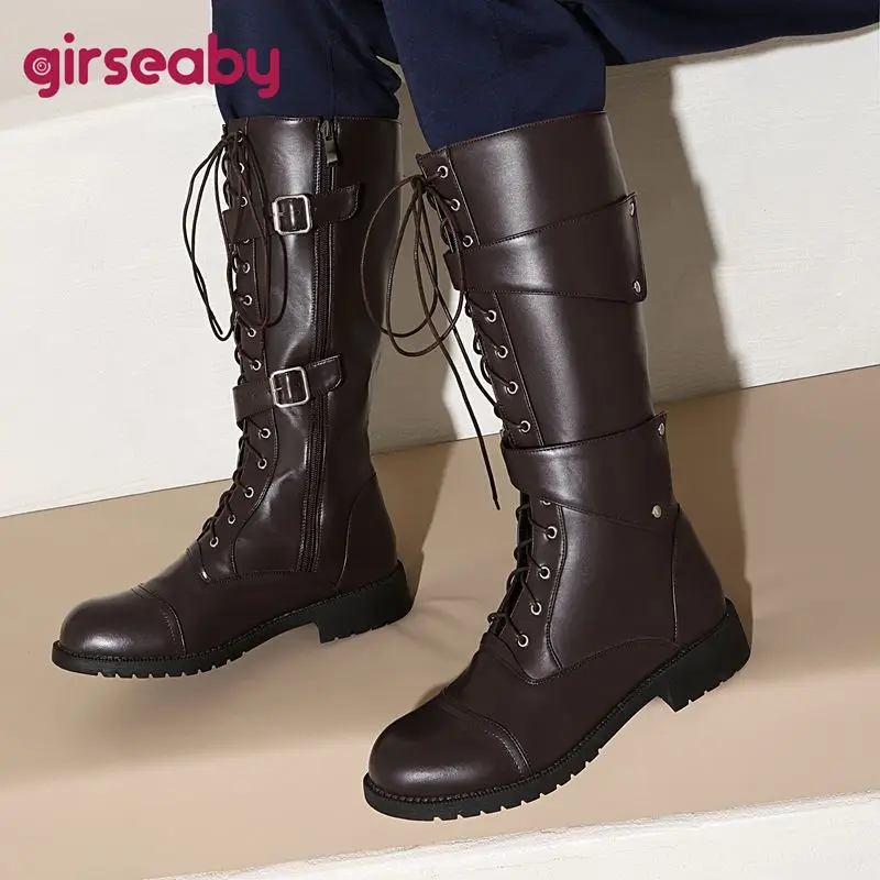 

Мужские ботинки для верховой езды Girseaby в стиле ретро, с круглым носком, на толстом каблуке 3 см, на молнии, со шнуровкой и заклепками, большие размеры 47 48 49, повседневные повседневные бота