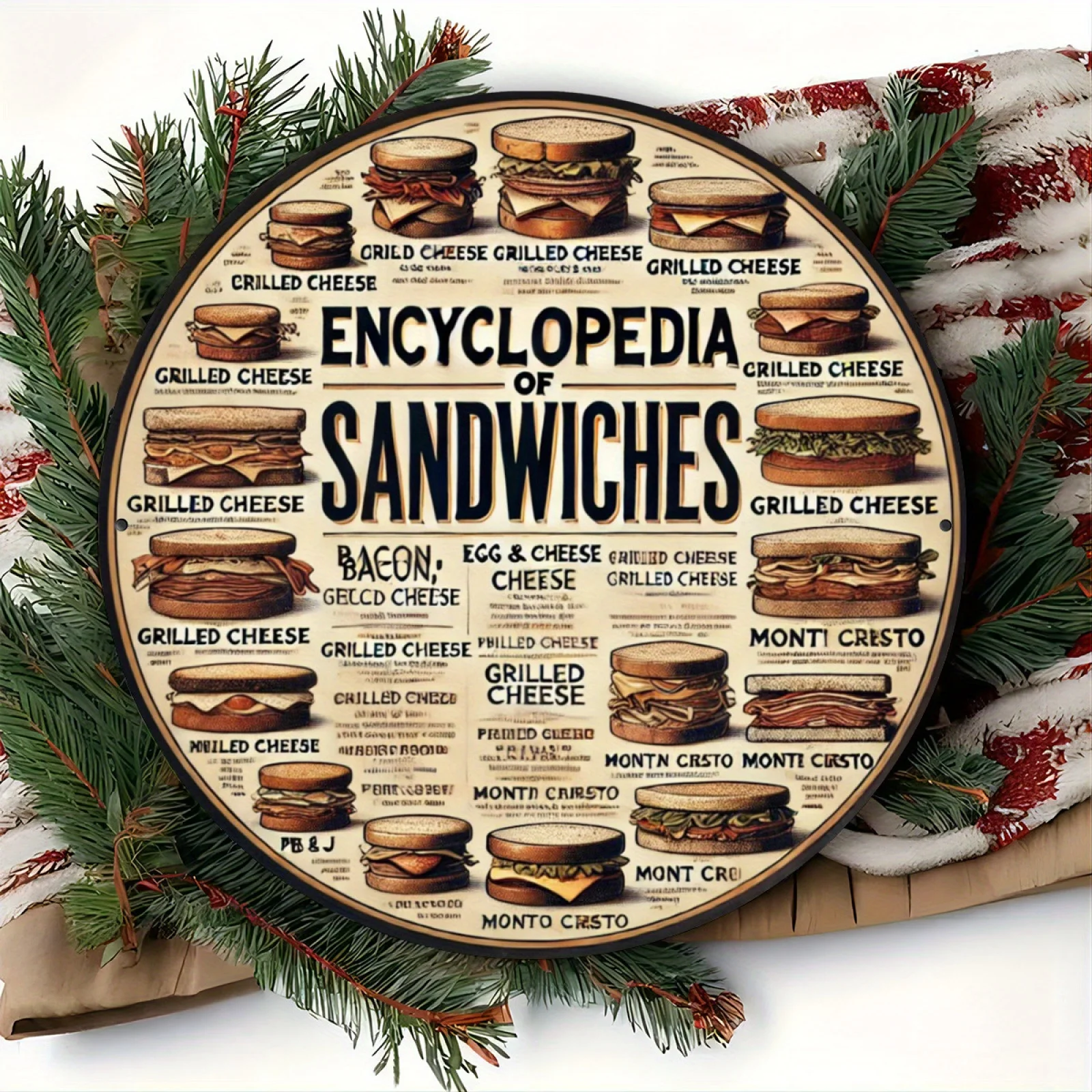 1pc, Sandwich Encyclopedia Metal Tin Sign, 8x8 inches (20x20 cm), 2D Round Aluminum Wall Art, Food Lover'S Collectible, Indoor/O